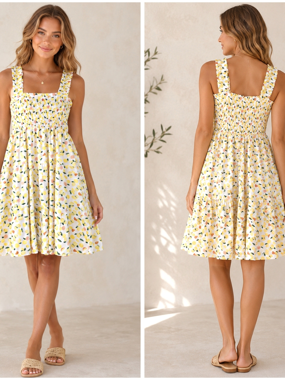beachlunchlounge, Yellow Lemon Print Smocked Mini Dress, NWT